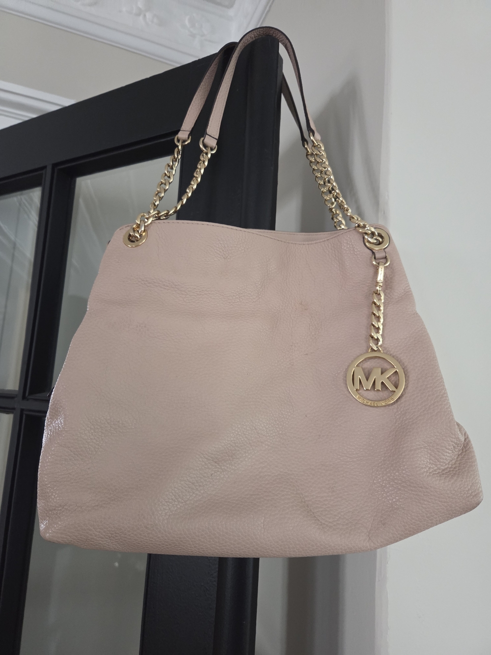 Michael Kors Blush Pink Pebbled Leather Shoulder Bag with Gold Chain Details